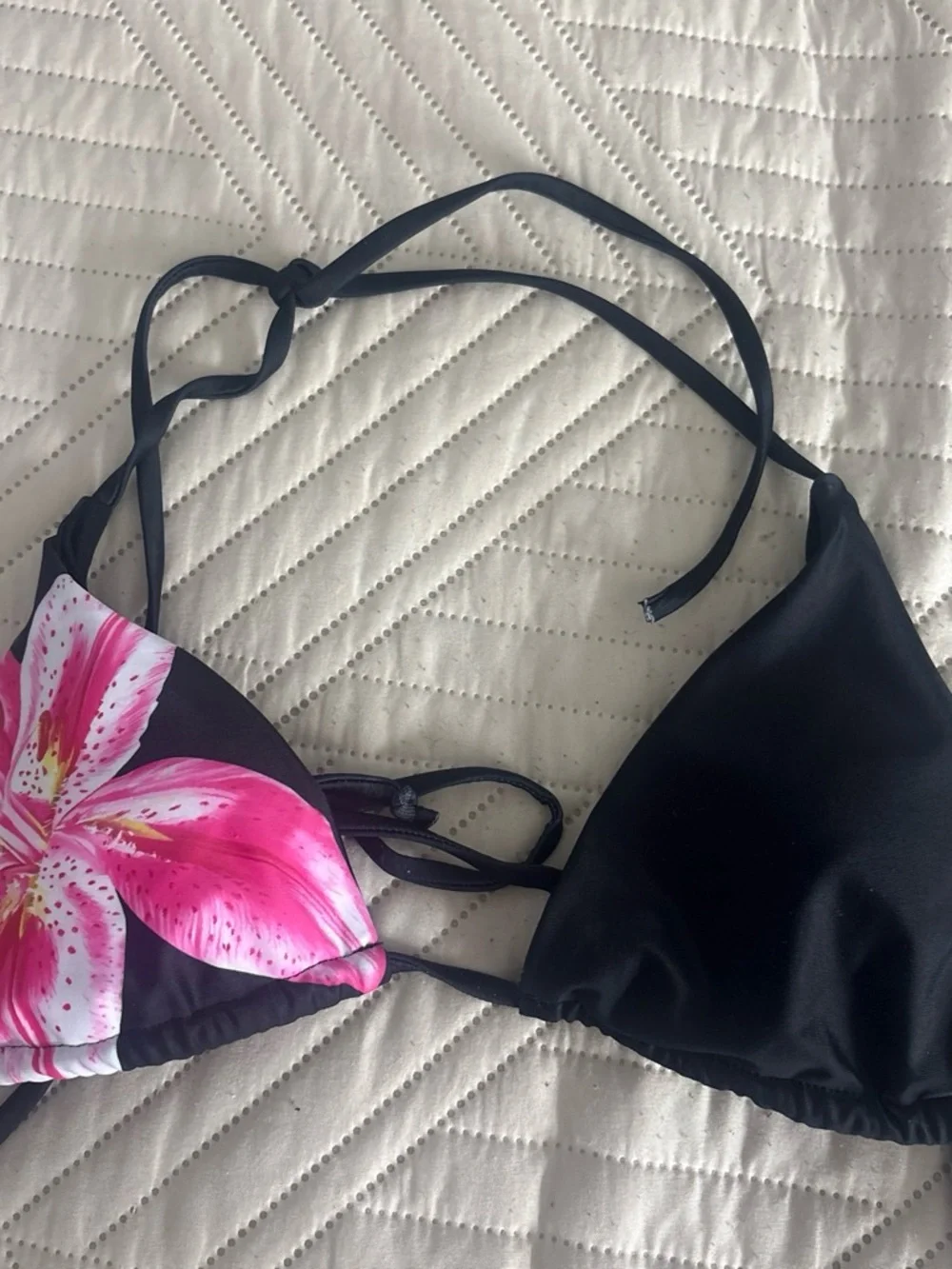 Black Bikini Top with Pink Floral Accent